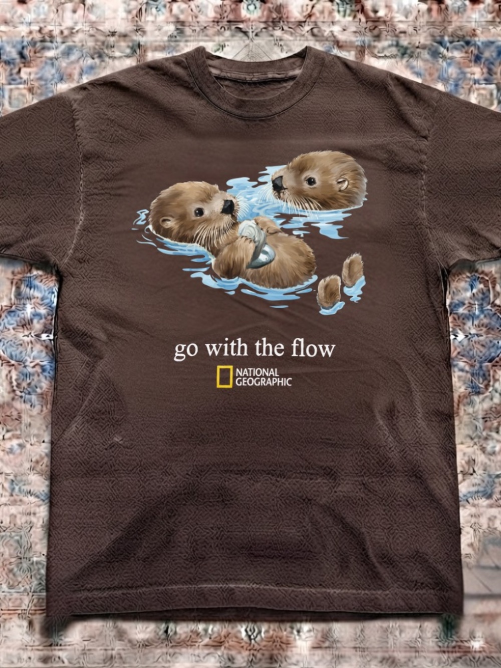 Go With The Flow Otters River Wildlife Vintage Brown T-Shirt